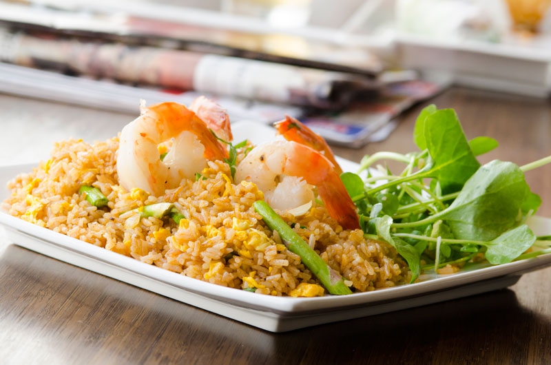 Jumbo Gulf Shrimp with Asparagus and mixed vegetable fried Jazzmen Rice - Magasin Restaurant